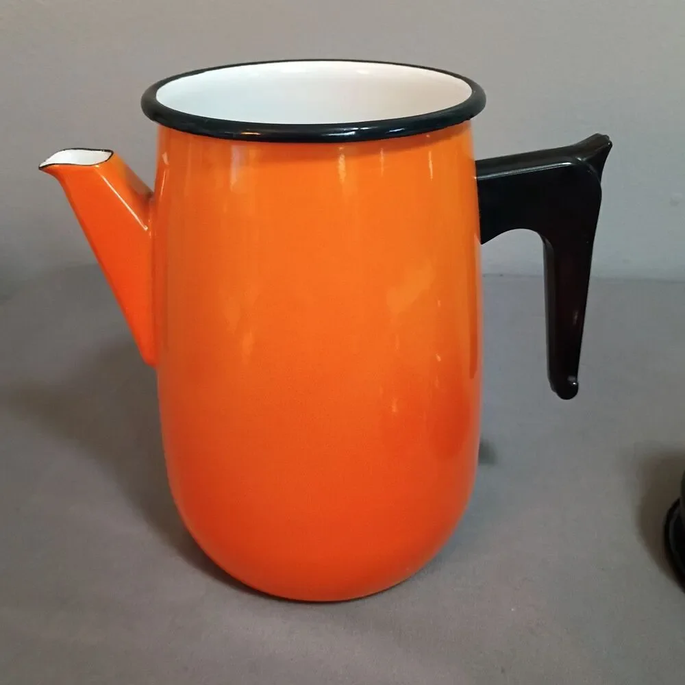 Vintage Aubecq Orange Ombre Enamel Mid Century Modern Coffee Pot France Aubeco